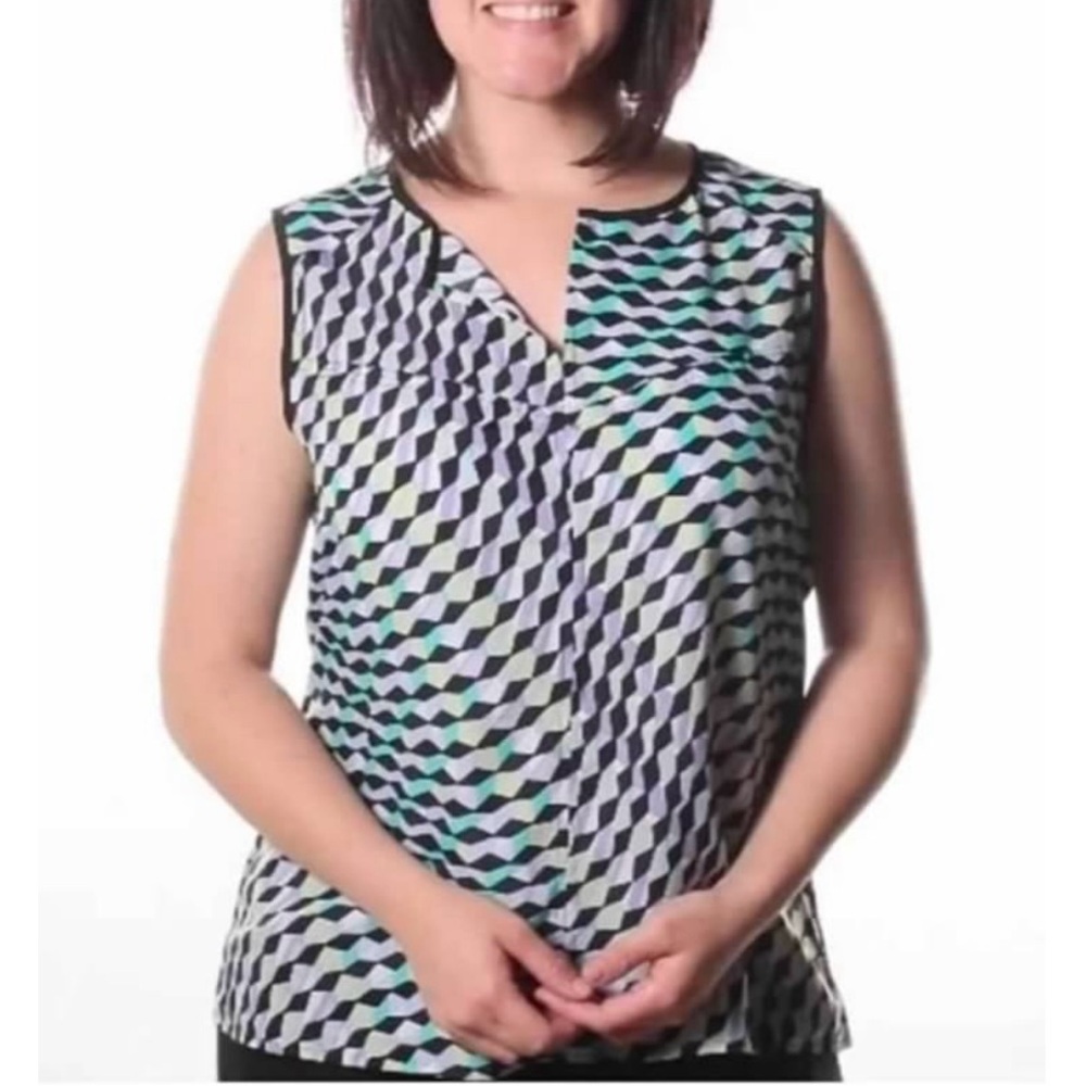 Nine West Green and Blue V-Neck Sleeveless Asymmetrical Blouse